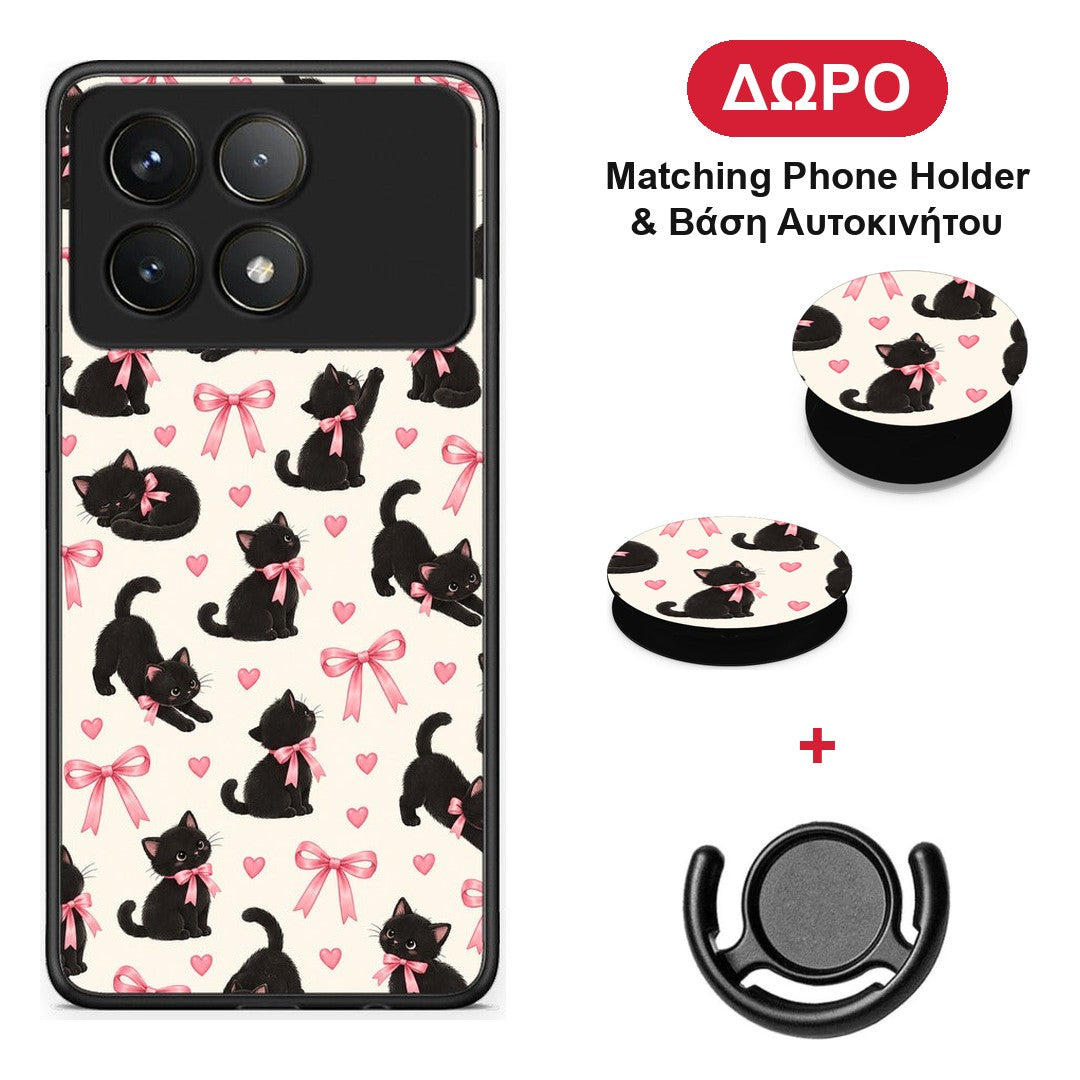 Black Kittens and Pink Bows on Cream Small - Xiaomi Poco F6 Pro 5G θήκη + Δώρο Phone Holder & Βάση Αυτοκινήτου