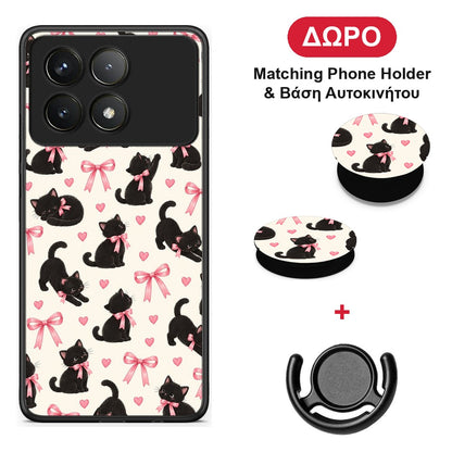 Black Kittens and Pink Bows on Cream Small - Xiaomi Poco F6 Pro 5G θήκη + Δώρο Phone Holder & Βάση Αυτοκινήτου