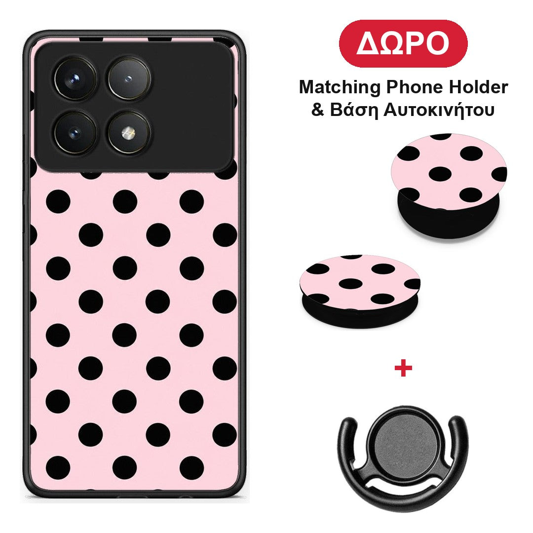 Black Polka Dots on Pink - Xiaomi Poco F6 Pro 5G θήκη + Δώρο Phone Holder & Βάση Αυτοκινήτου