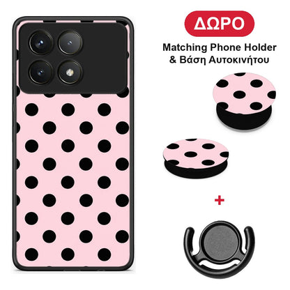 Black Polka Dots on Pink - Xiaomi Poco F6 Pro 5G θήκη + Δώρο Phone Holder & Βάση Αυτοκινήτου
