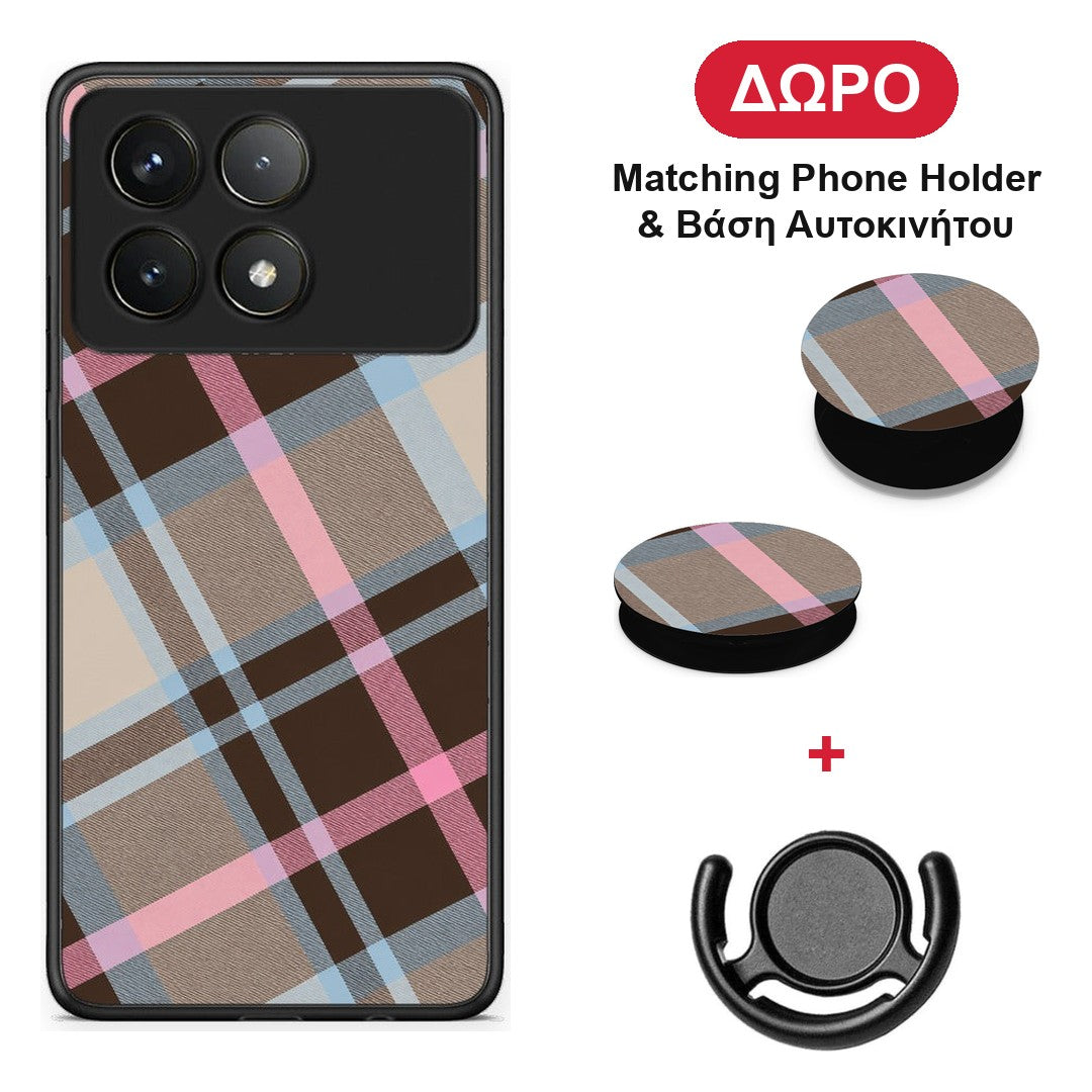 Brown Pink and Blue Diagonal Plaid - Xiaomi Poco F6 Pro 5G θήκη + Δώρο Phone Holder & Βάση Αυτοκινήτου