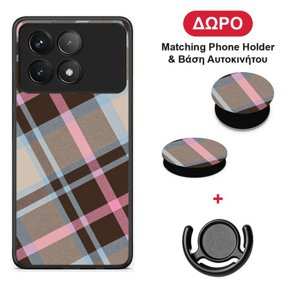 Brown Pink and Blue Diagonal Plaid - Xiaomi Poco F6 Pro 5G θήκη + Δώρο Phone Holder & Βάση Αυτοκινήτου