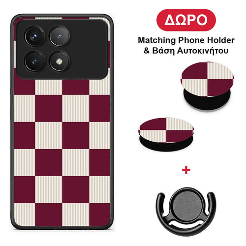 Burgundy and Cream Striped Checks - Xiaomi Poco F6 Pro 5G θήκη + Δώρο Phone Holder & Βάση Αυτοκινήτου