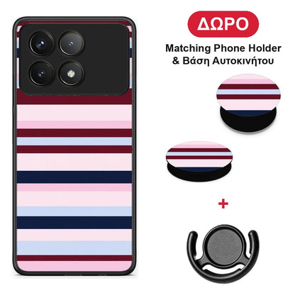 Burgundy Pink and Blue Horizontal Stripes - Xiaomi Poco F6 Pro 5G θήκη + Δώρο Phone Holder & Βάση Αυτοκινήτου