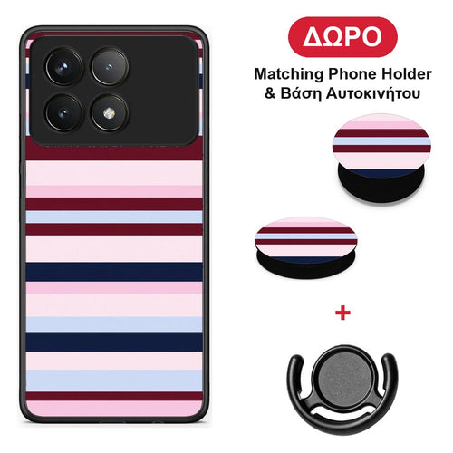 Burgundy Pink and Blue Horizontal Stripes - Xiaomi Poco F6 Pro 5G θήκη + Δώρο Phone Holder & Βάση Αυτοκινήτου