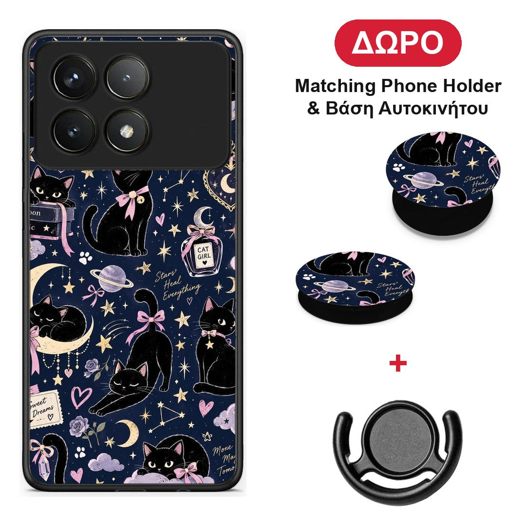 Celestial Black Cats on Navy - Xiaomi Poco F6 Pro 5G θήκη + Δώρο Phone Holder & Βάση Αυτοκινήτου