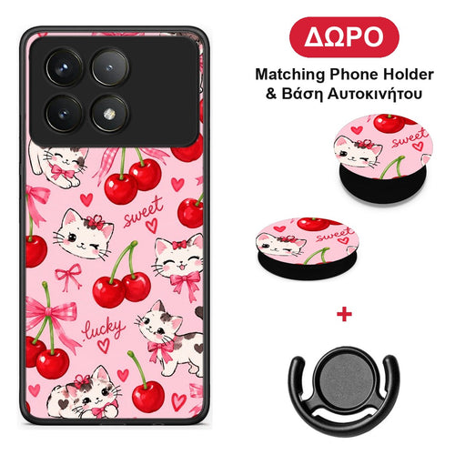 Cherries Bows and Kittens on Pink - Xiaomi Poco F6 Pro 5G θήκη + Δώρο Phone Holder & Βάση Αυτοκινήτου