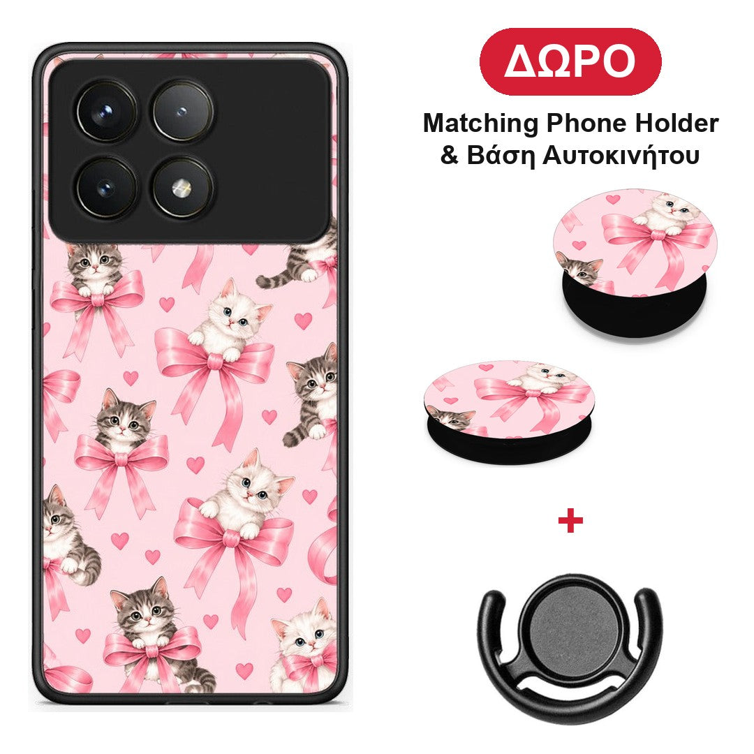 Kittens and Pink Bows on Pink - Xiaomi Poco F6 Pro 5G θήκη + Δώρο Phone Holder & Βάση Αυτοκινήτου