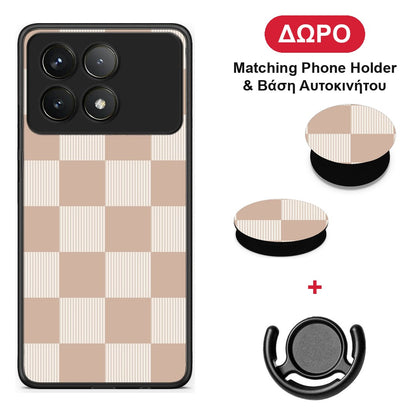 Latte and Cream Striped Checks - Xiaomi Poco F6 Pro 5G θήκη + Δώρο Phone Holder & Βάση Αυτοκινήτου