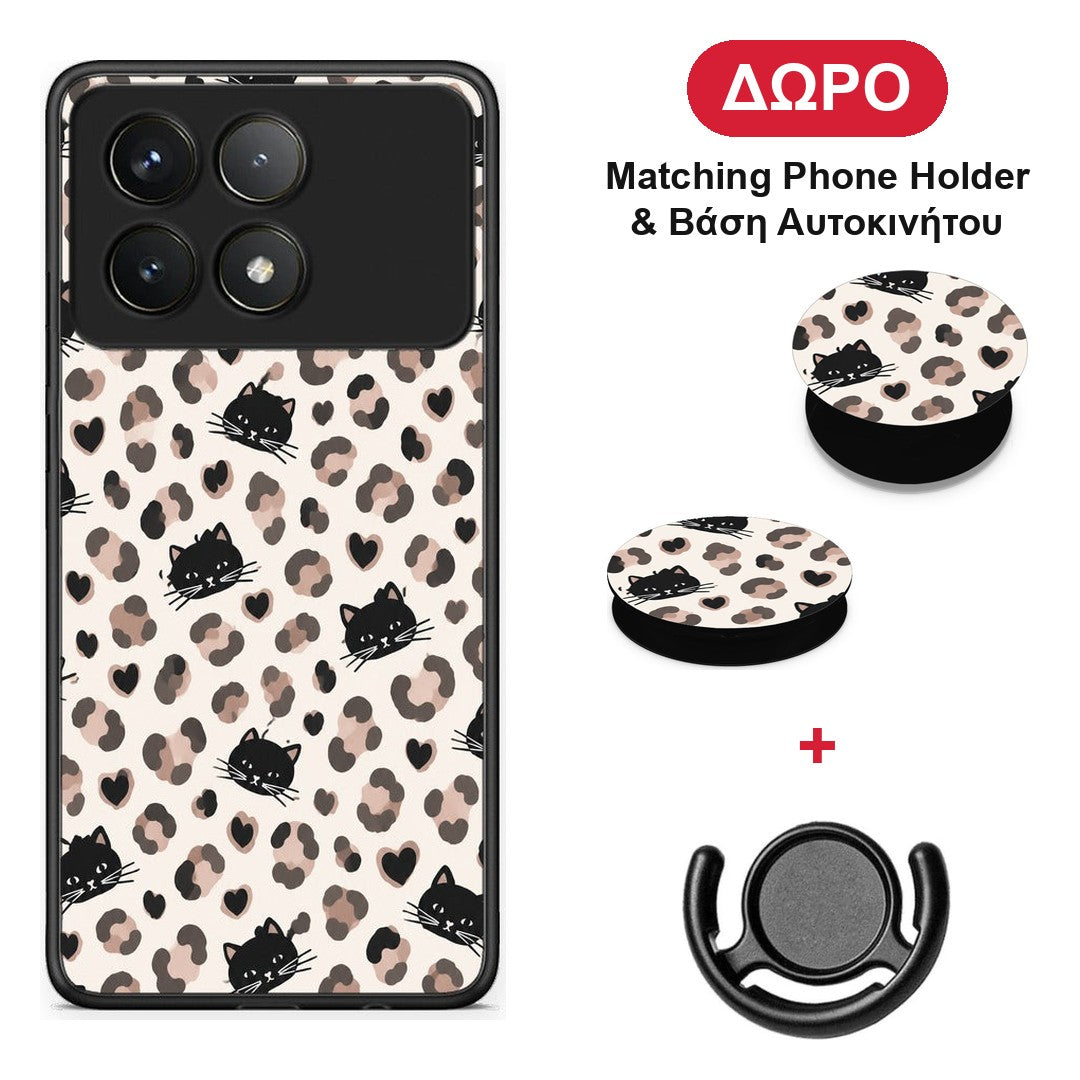 Leopard Spots and Black Cats on Cream - Xiaomi Poco F6 Pro 5G θήκη + Δώρο Phone Holder & Βάση Αυτοκινήτου