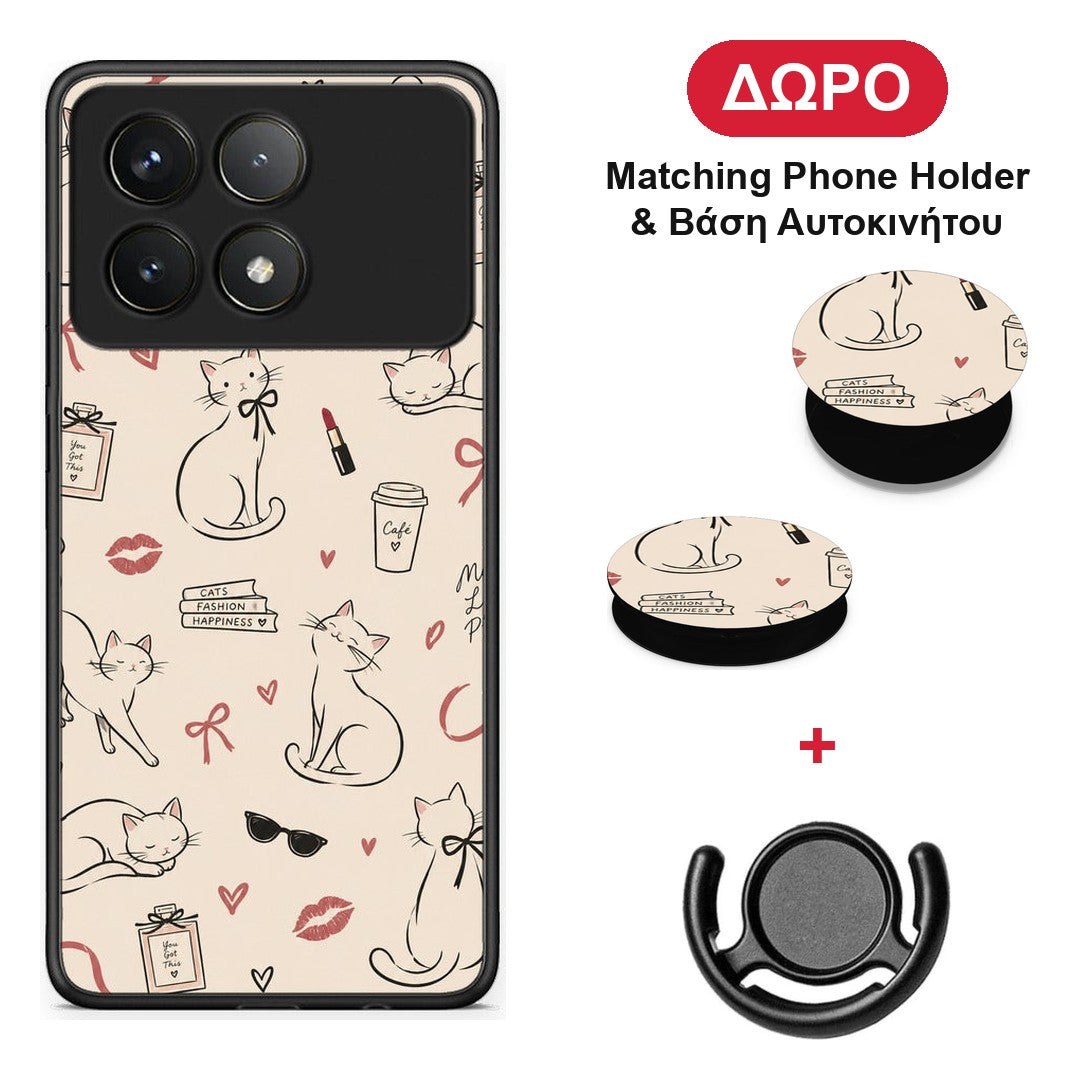 Minimal Cat and Fashion Doodles on Cream - Xiaomi Poco F6 Pro 5G θήκη + Δώρο Phone Holder & Βάση Αυτοκινήτου
