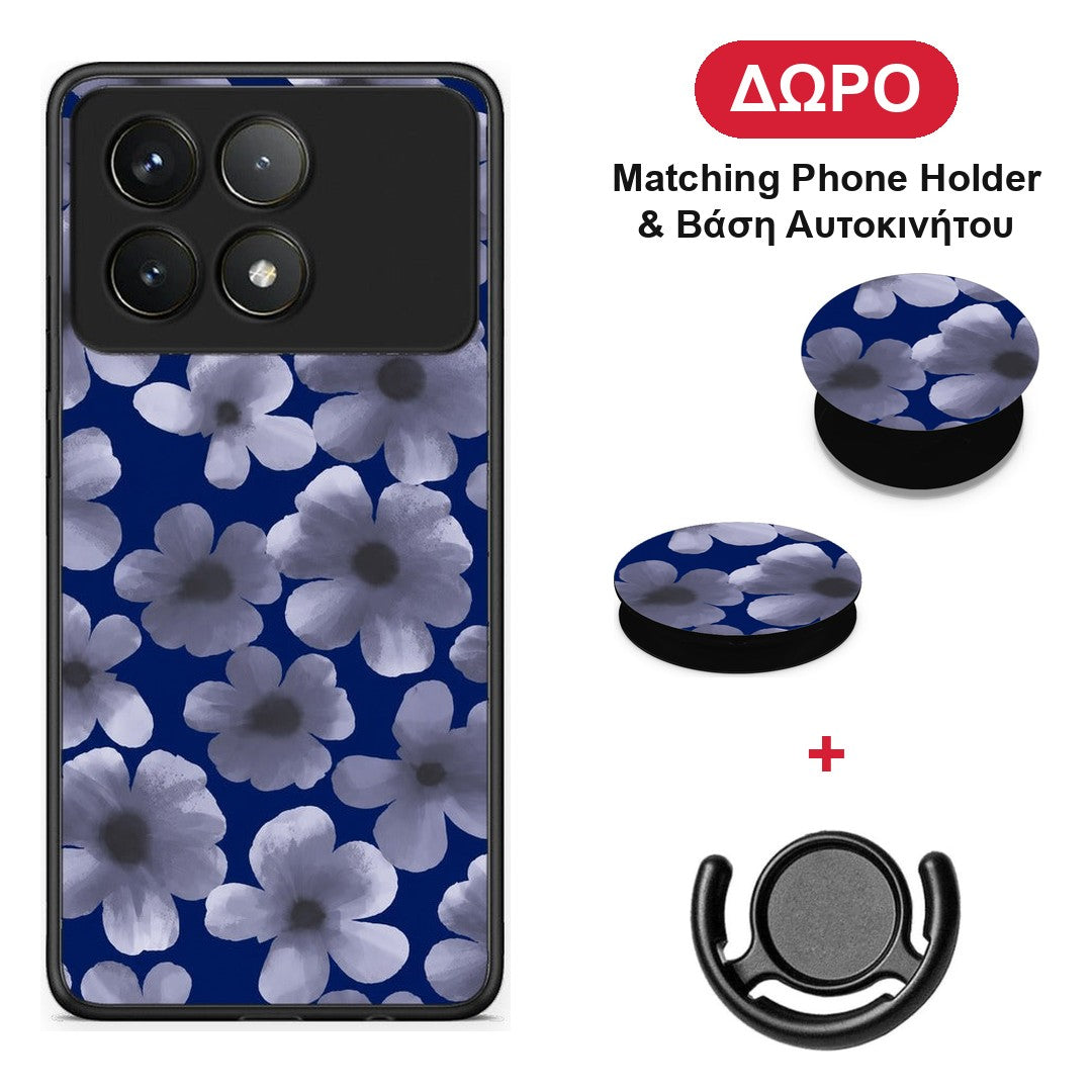 Pale Blue Flowers on Navy - Xiaomi Poco F6 Pro 5G θήκη + Δώρο Phone Holder & Βάση Αυτοκινήτου