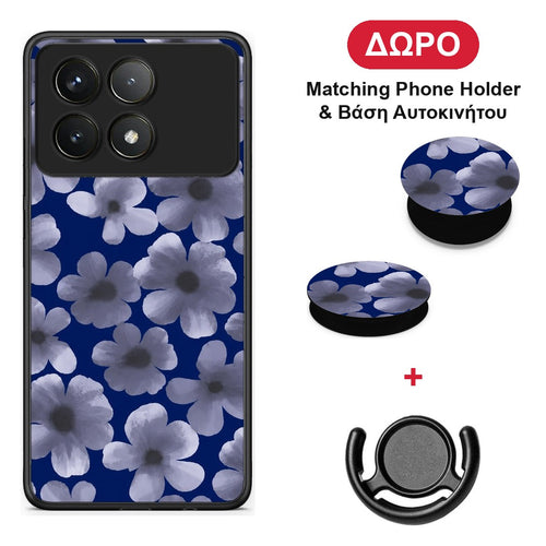 Pale Blue Flowers on Navy - Xiaomi Poco F6 Pro 5G θήκη + Δώρο Phone Holder & Βάση Αυτοκινήτου