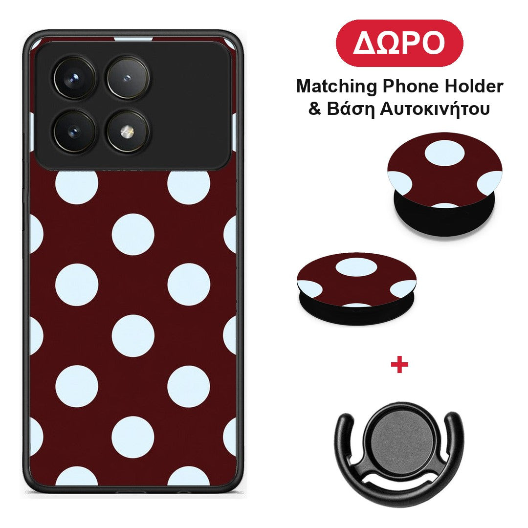 Pale Blue Large Polka Dots on Burgundy - Xiaomi Poco F6 Pro 5G θήκη + Δώρο Phone Holder & Βάση Αυτοκινήτου