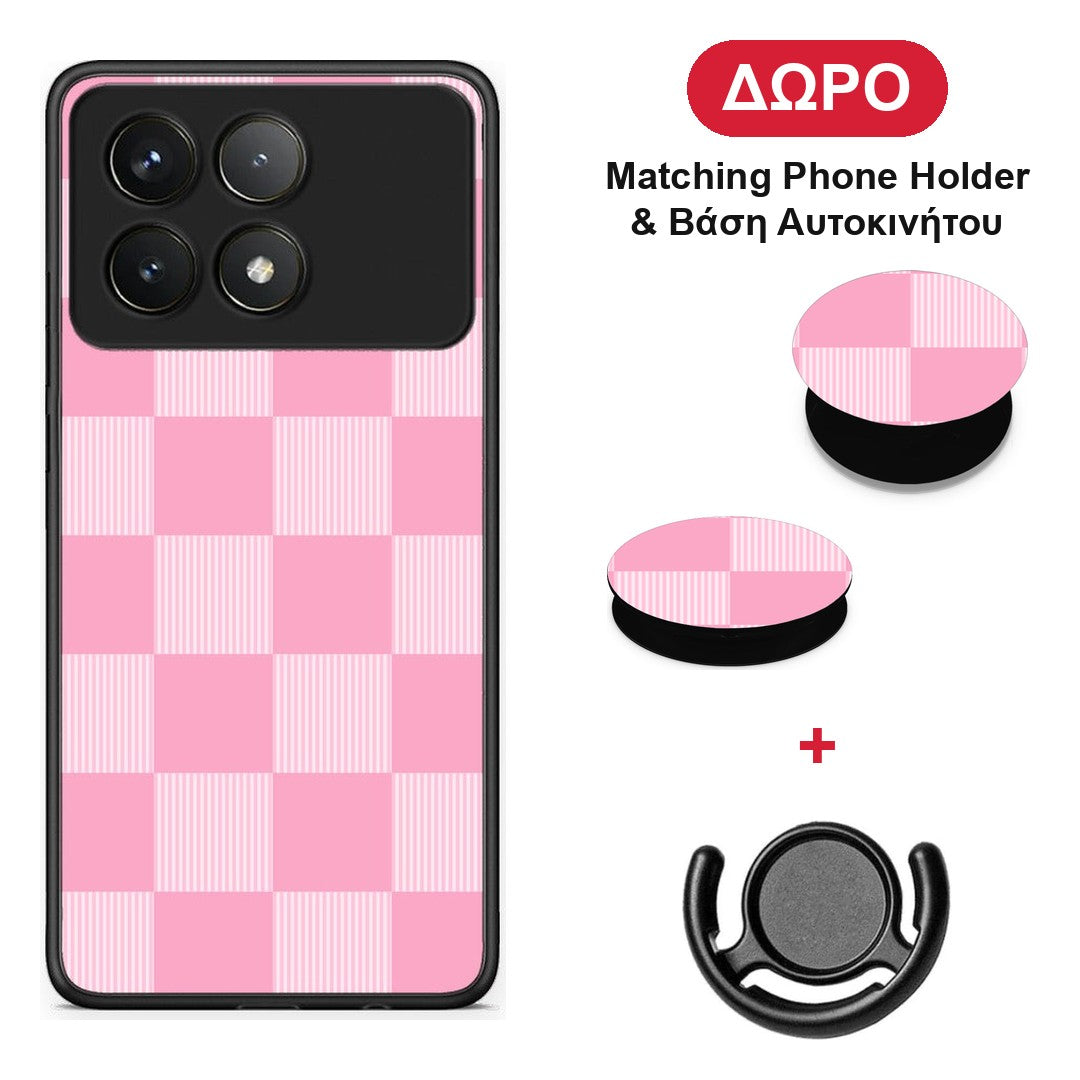 Pink and White Striped Checks - Xiaomi Poco F6 Pro 5G θήκη + Δώρο Phone Holder & Βάση Αυτοκινήτου