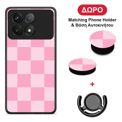 Pink and White Striped Checks - Xiaomi Poco F6 Pro 5G θήκη + Δώρο Phone Holder & Βάση Αυτοκινήτου