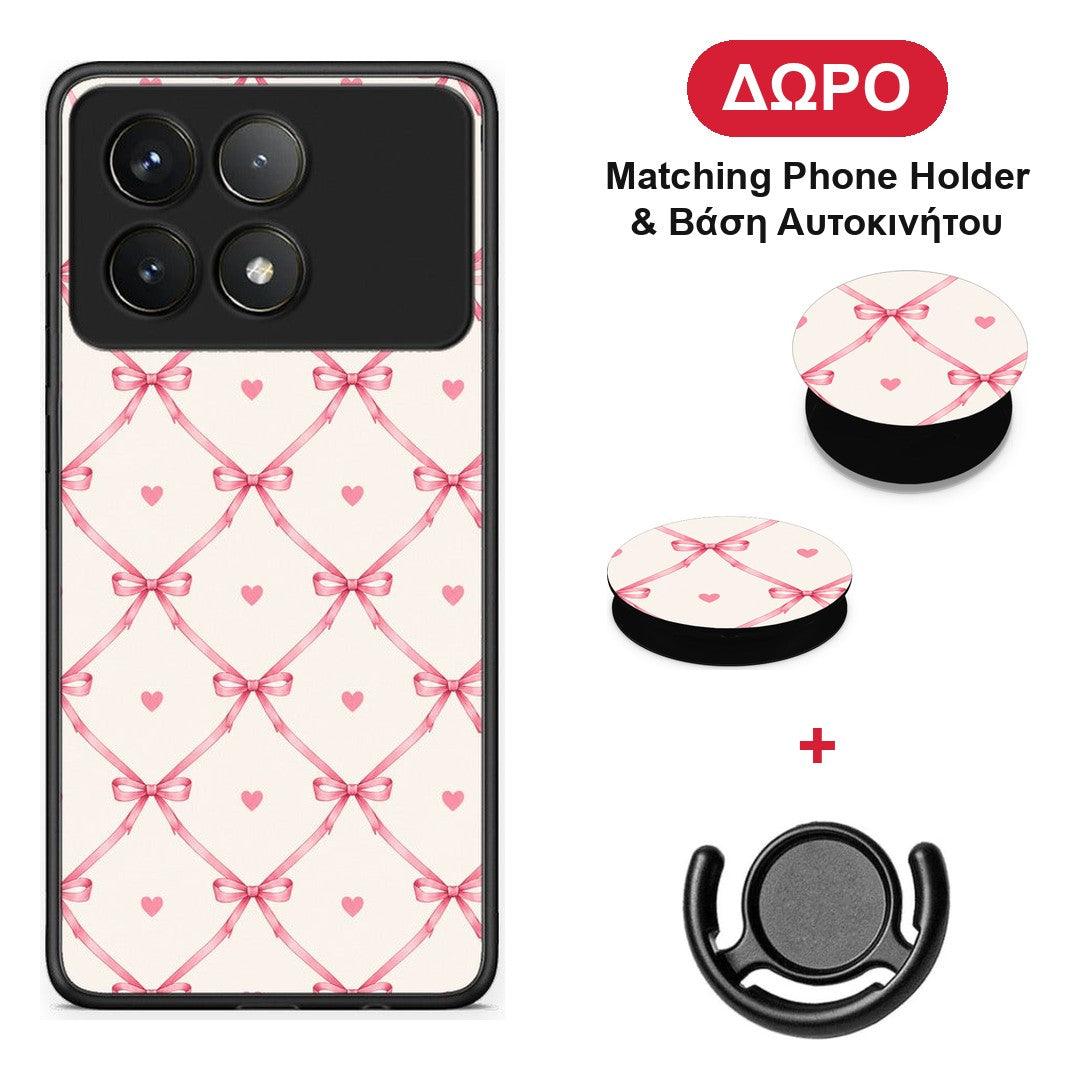 Pink Bow Lattice and Hearts on Cream - Xiaomi Poco F6 Pro 5G θήκη + Δώρο Phone Holder & Βάση Αυτοκινήτου