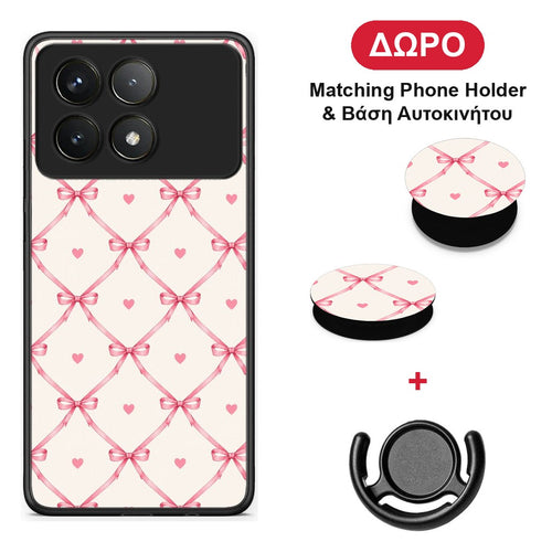 Pink Bow Lattice and Hearts on Cream - Xiaomi Poco F6 Pro 5G θήκη + Δώρο Phone Holder & Βάση Αυτοκινήτου