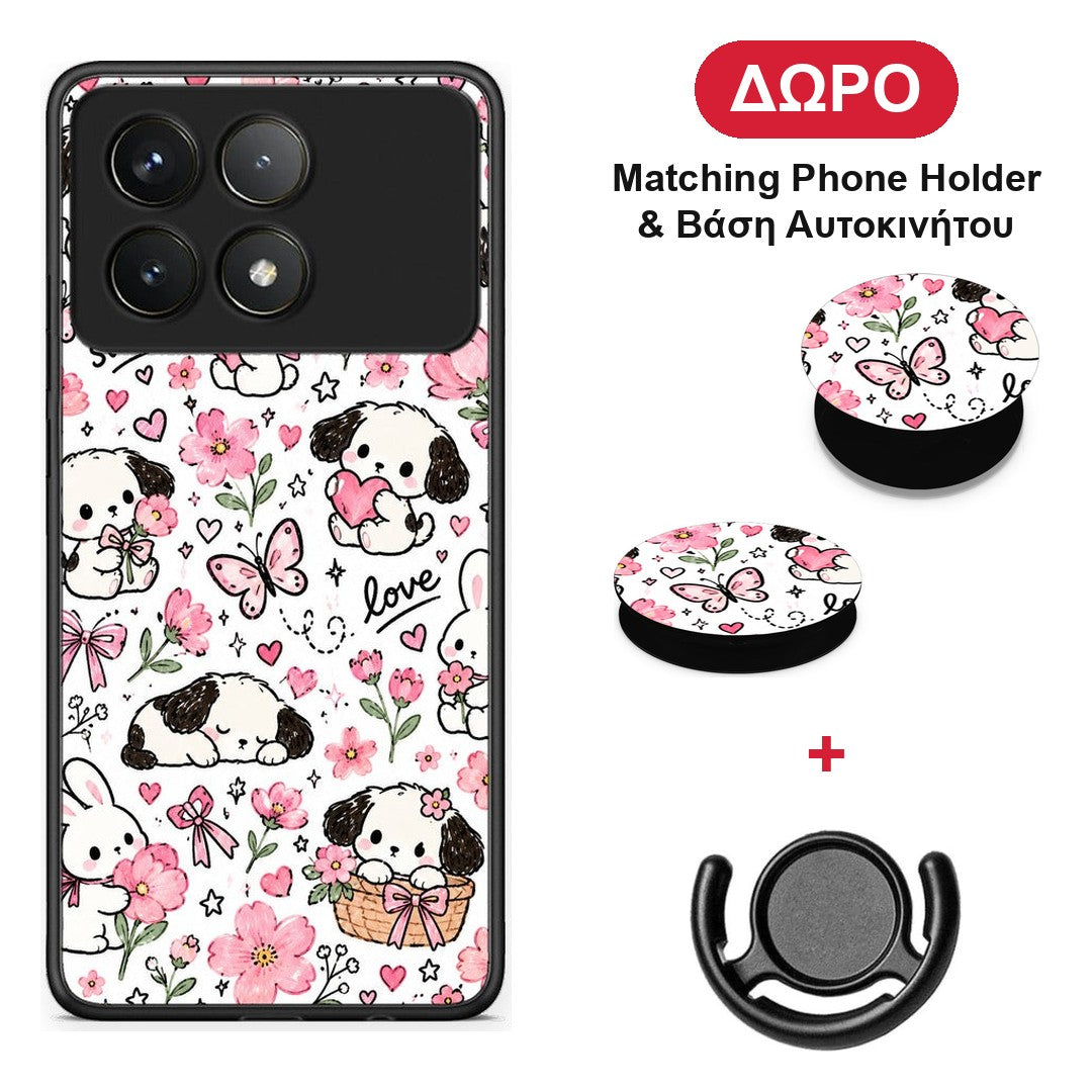 Pink Florals Puppies and Bunnies on White - Xiaomi Poco F6 Pro 5G θήκη + Δώρο Phone Holder & Βάση Αυτοκινήτου