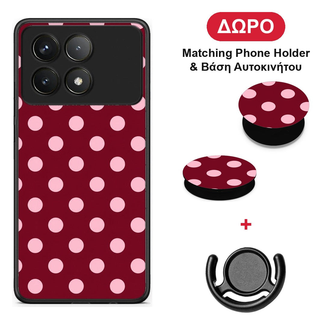Pink Polka Dots on Burgundy - Xiaomi Poco F6 Pro 5G θήκη + Δώρο Phone Holder & Βάση Αυτοκινήτου