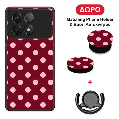 Pink Polka Dots on Burgundy - Xiaomi Poco F6 Pro 5G θήκη + Δώρο Phone Holder & Βάση Αυτοκινήτου