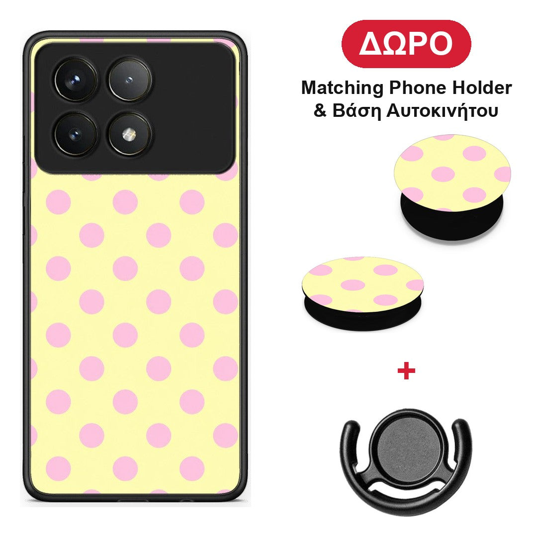 Pink Polka Dots on Yellow - Xiaomi Poco F6 Pro 5G θήκη + Δώρο Phone Holder & Βάση Αυτοκινήτου