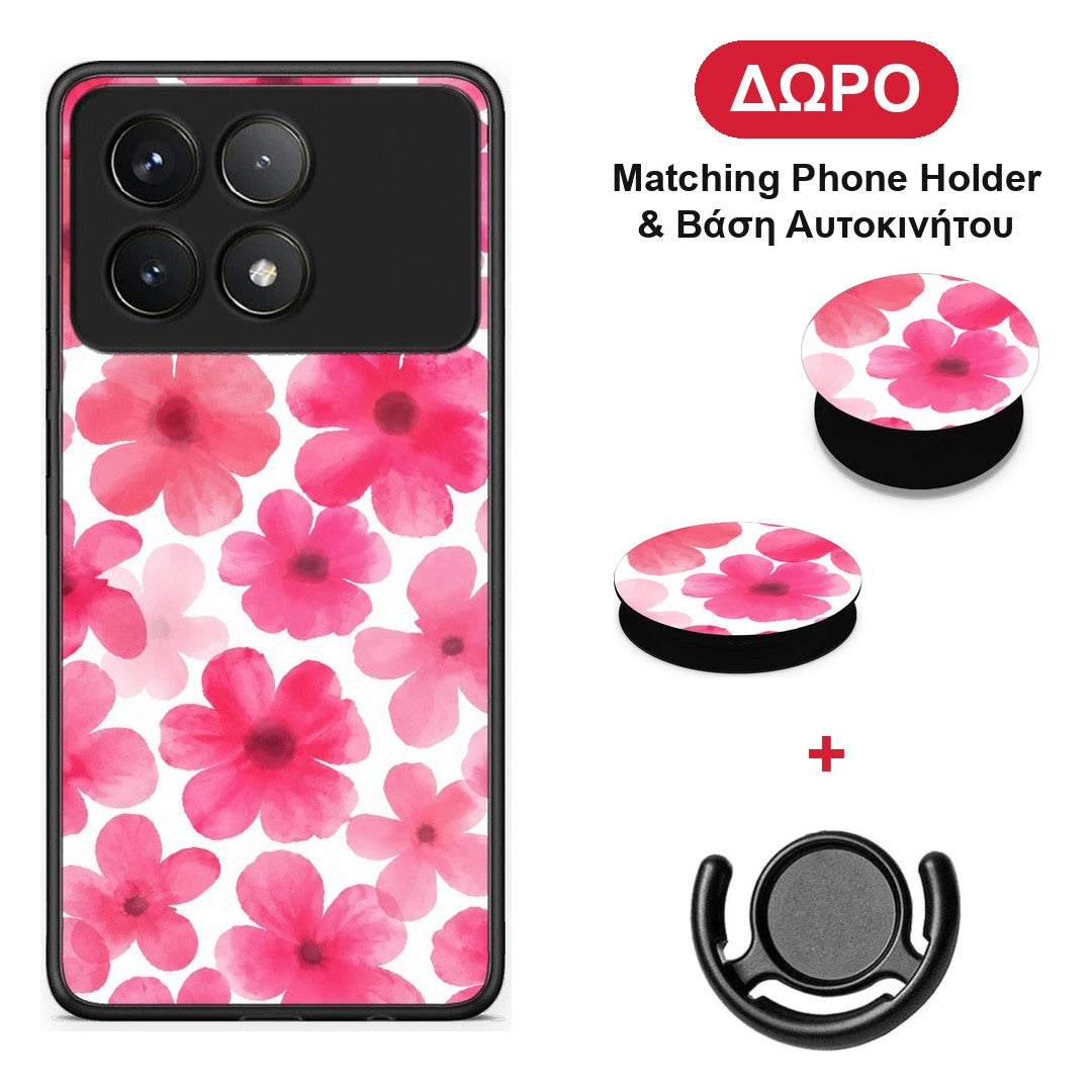 Pink Watercolour Flowers on White - Xiaomi Poco F6 Pro 5G θήκη + Δώρο Phone Holder & Βάση Αυτοκινήτου