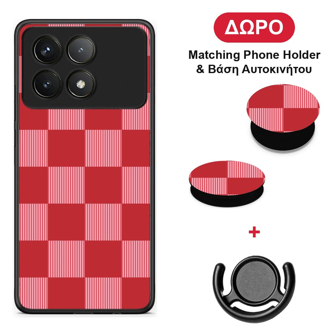 Red and Pink Striped Checks - Xiaomi Poco F6 Pro 5G θήκη + Δώρο Phone Holder & Βάση Αυτοκινήτου
