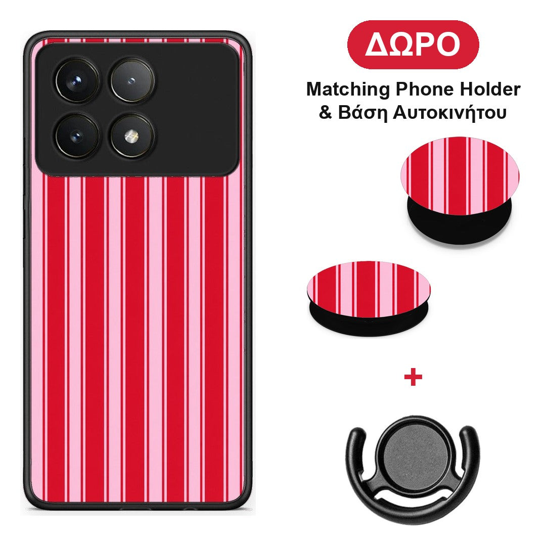 Red and Pink Vertical Pinstripes - Xiaomi Poco F6 Pro 5G θήκη + Δώρο Phone Holder & Βάση Αυτοκινήτου