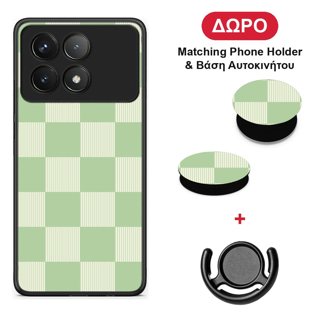 Sage and Cream Striped Checks - Xiaomi Poco F6 Pro 5G θήκη + Δώρο Phone Holder & Βάση Αυτοκινήτου