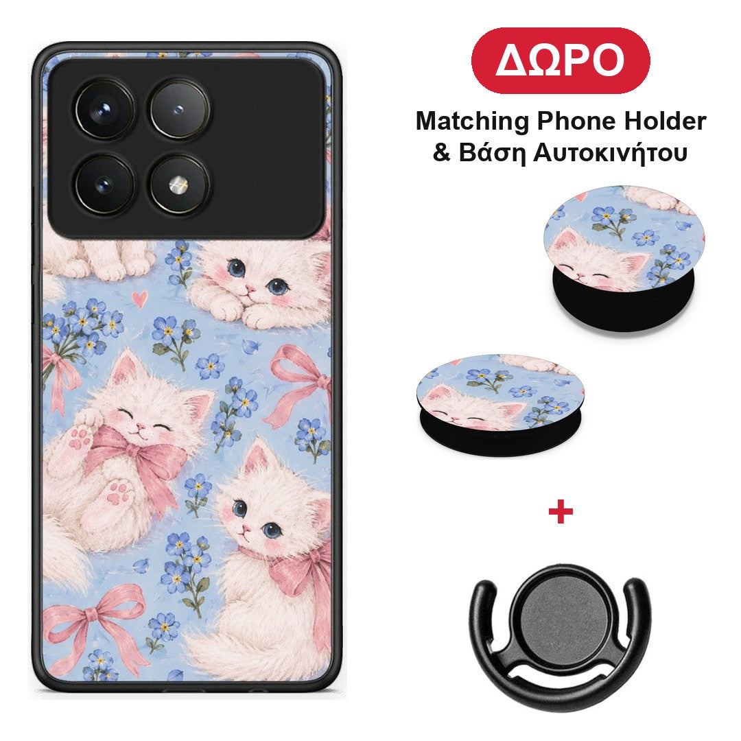 White Kittens and Blue Flowers Large - Xiaomi Poco F6 Pro 5G θήκη + Δώρο Phone Holder & Βάση Αυτοκινήτου