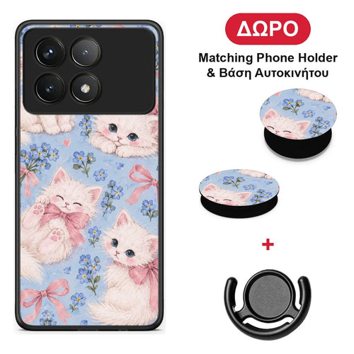 White Kittens and Blue Flowers Large - Xiaomi Poco F6 Pro 5G θήκη + Δώρο Phone Holder & Βάση Αυτοκινήτου