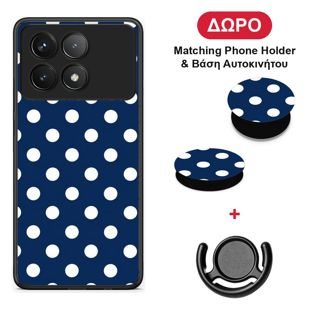 White Large Polka Dots on Navy - Xiaomi Poco F6 Pro 5G θήκη + Δώρο Phone Holder & Βάση Αυτοκινήτου