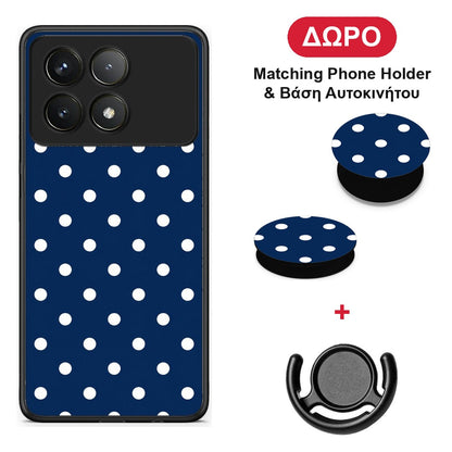 White Small Polka Dots on Navy - Xiaomi Poco F6 Pro 5G θήκη + Δώρο Phone Holder & Βάση Αυτοκινήτου