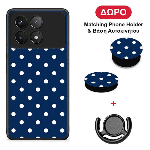 White Small Polka Dots on Navy - Xiaomi Poco F6 Pro 5G θήκη + Δώρο Phone Holder & Βάση Αυτοκινήτου