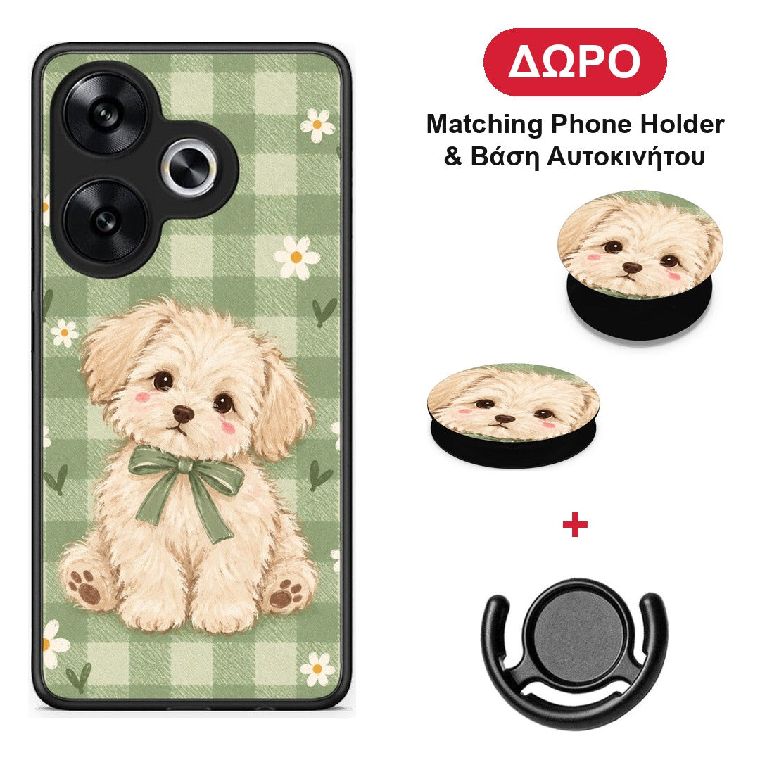 Puppy and Daisies on Sage Gingham - Xiaomi Poco F6 θήκη + Δώρο Phone Holder & Βάση Αυτοκινήτου