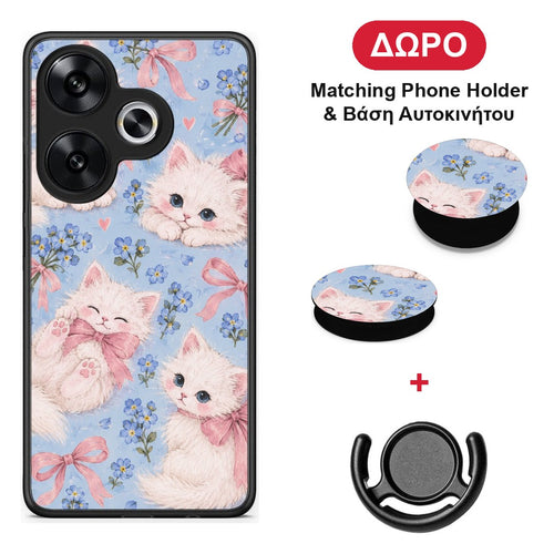 White Kittens and Blue Flowers Large - Xiaomi Poco F6 θήκη + Δώρο Phone Holder & Βάση Αυτοκινήτου
