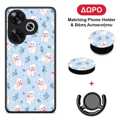 White Kittens and Blue Flowers Small - Xiaomi Poco F6 θήκη + Δώρο Phone Holder & Βάση Αυτοκινήτου