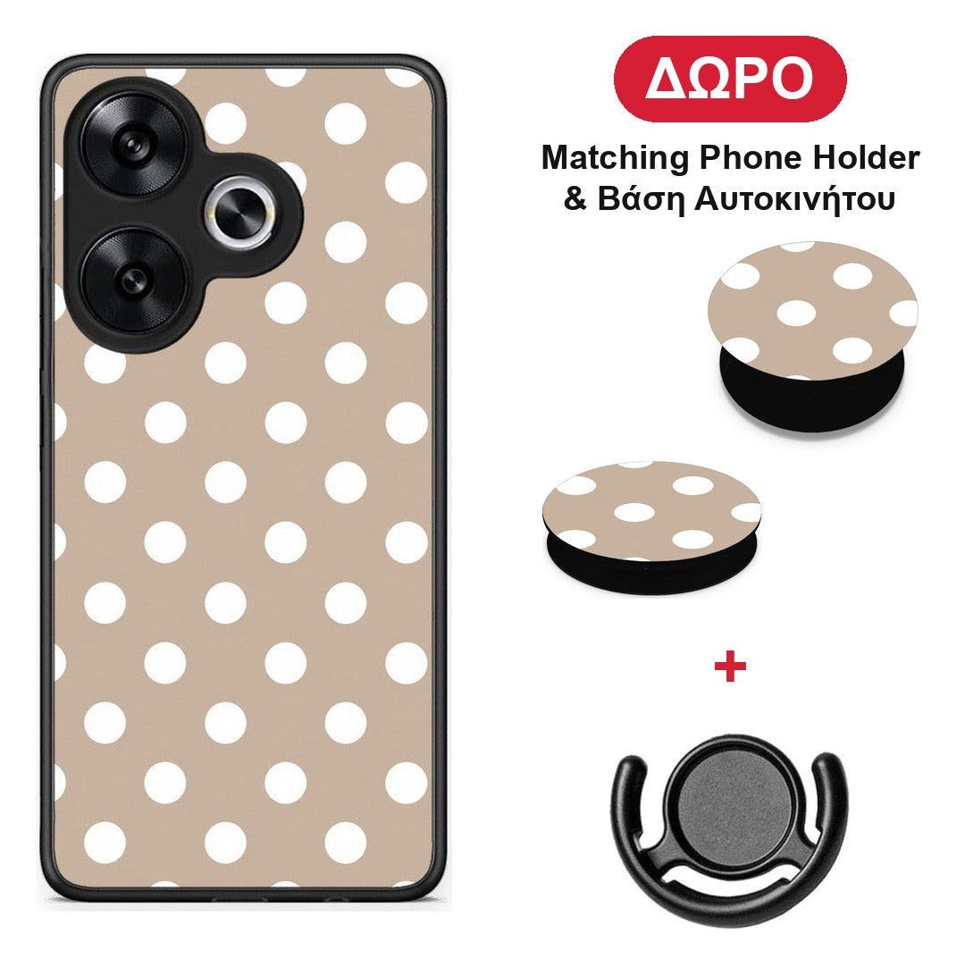White Polka Dots on Taupe - Xiaomi Poco F6 θήκη + Δώρο Phone Holder & Βάση Αυτοκινήτου