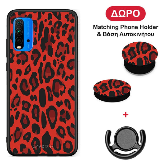 Animal Red Leopard - Xiaomi Poco M3 θήκη + Δώρο Phone Holder & Βάση Αυτοκινήτου