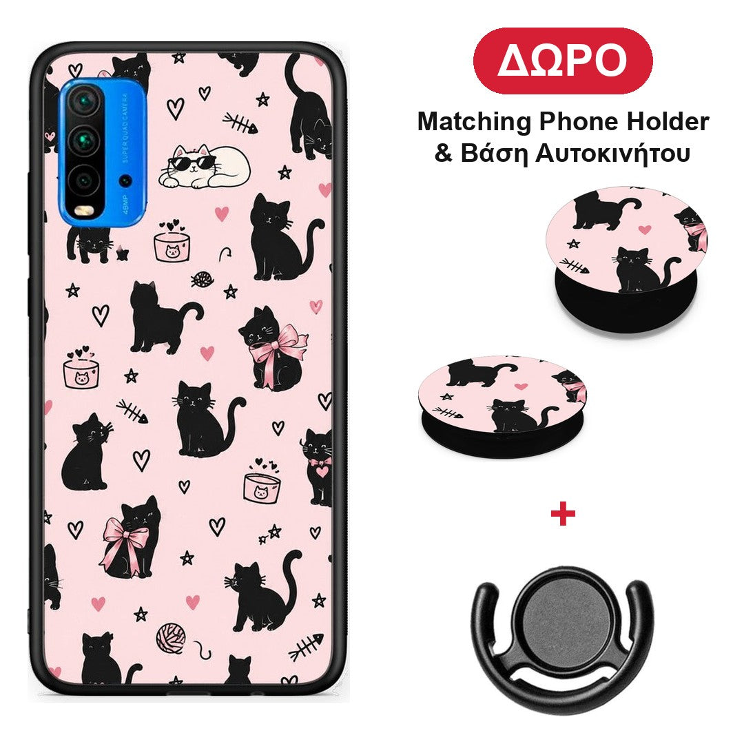Black Cat Doodles on Pink - Xiaomi Poco M3 θήκη + Δώρο Phone Holder & Βάση Αυτοκινήτου