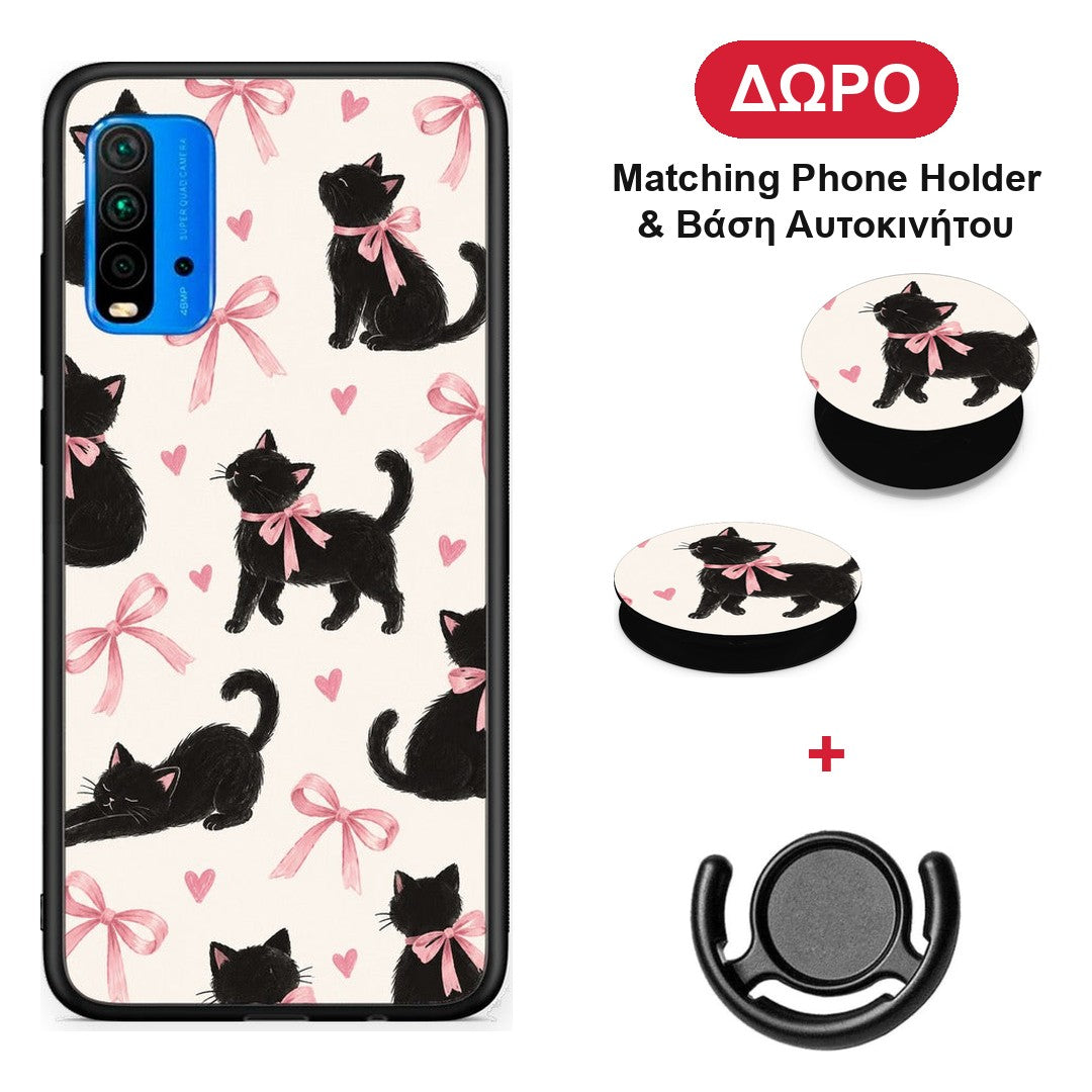 Black Kittens and Pink Bows on Cream Large - Xiaomi Poco M3 θήκη + Δώρο Phone Holder & Βάση Αυτοκινήτου