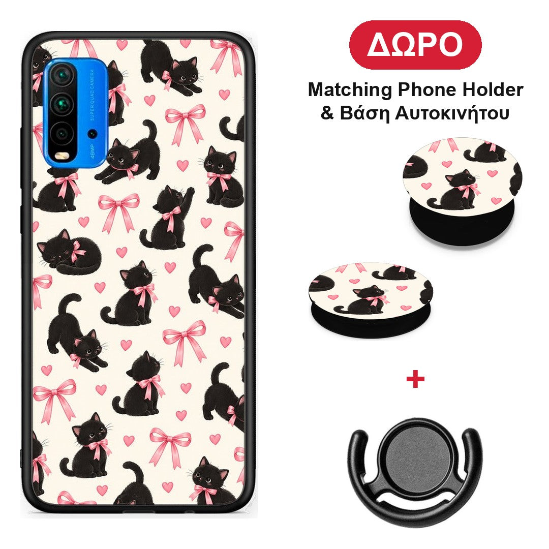 Black Kittens and Pink Bows on Cream Small - Xiaomi Poco M3 θήκη + Δώρο Phone Holder & Βάση Αυτοκινήτου