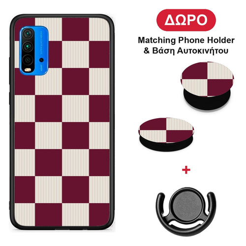 Burgundy and Cream Striped Checks - Xiaomi Poco M3 θήκη + Δώρο Phone Holder & Βάση Αυτοκινήτου