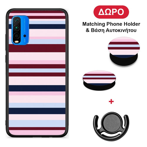 Burgundy Pink and Blue Horizontal Stripes - Xiaomi Poco M3 θήκη + Δώρο Phone Holder & Βάση Αυτοκινήτου
