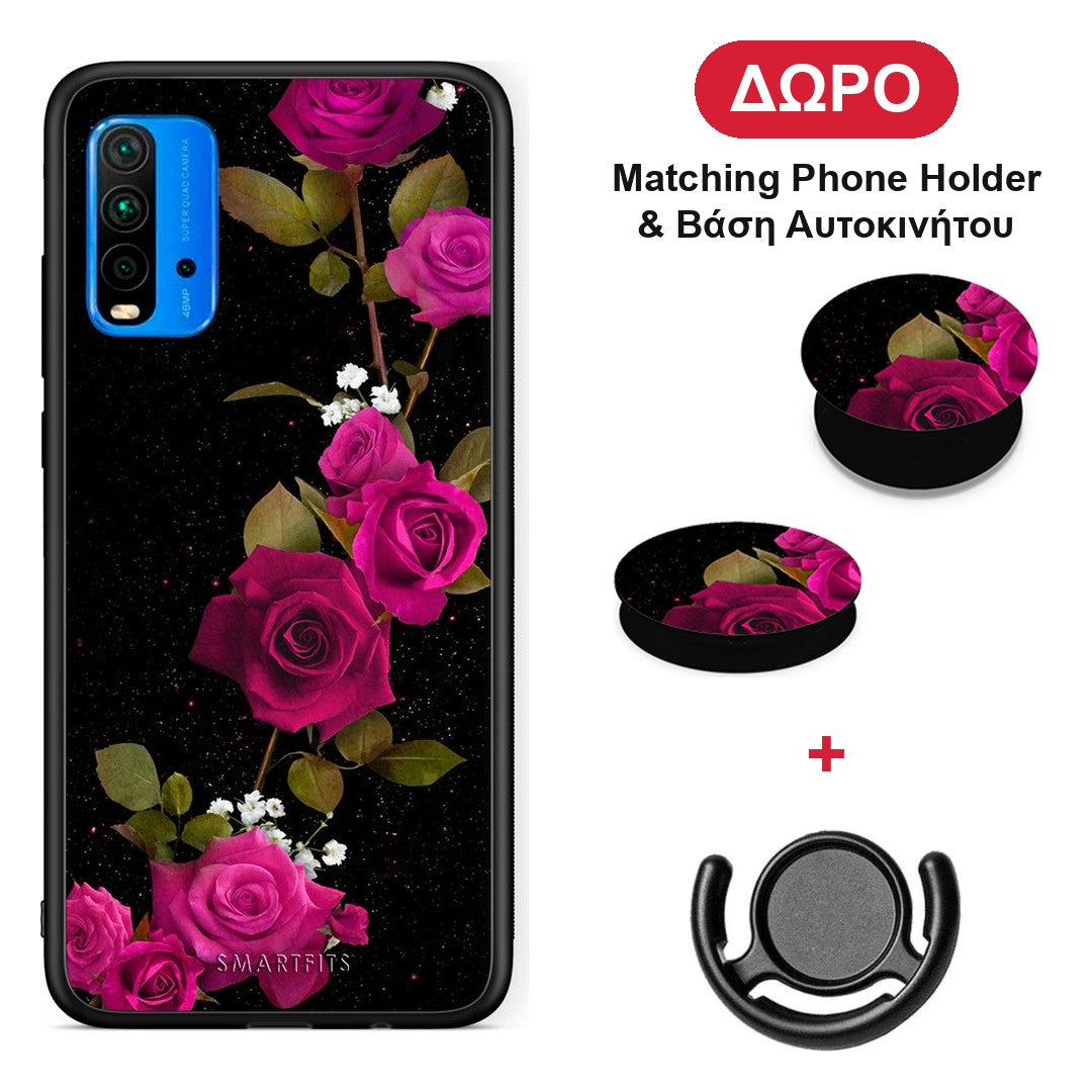 Flower Red Roses - Xiaomi Poco M3 θήκη + Δώρο Phone Holder & Βάση Αυτοκινήτου