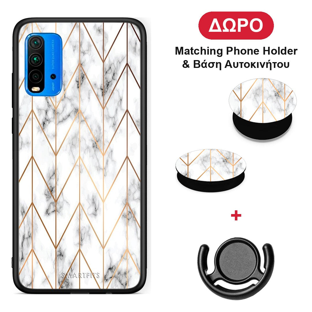 Marble Gold Geometric - Xiaomi Poco M3 θήκη + Δώρο Phone Holder & Βάση Αυτοκινήτου