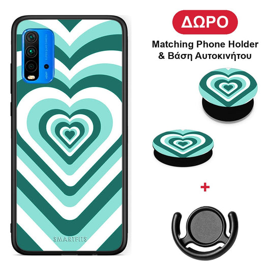Green Hearts - Xiaomi Poco M3 θήκη + Δώρο Phone Holder & Βάση Αυτοκινήτου