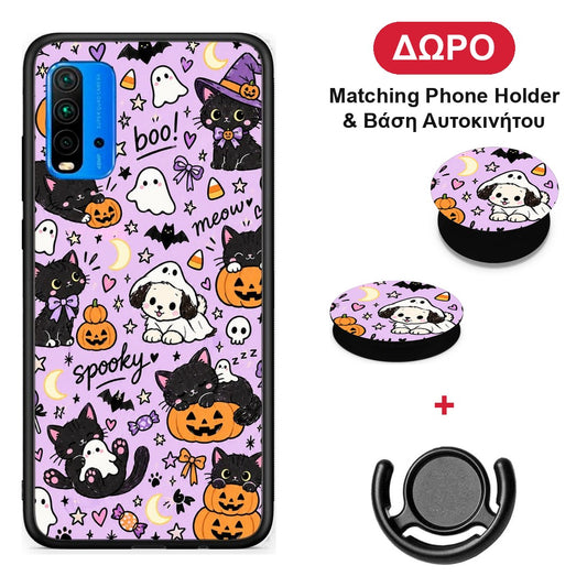 Halloween Black Cats on Lilac - Xiaomi Poco M3 θήκη + Δώρο Phone Holder & Βάση Αυτοκινήτου