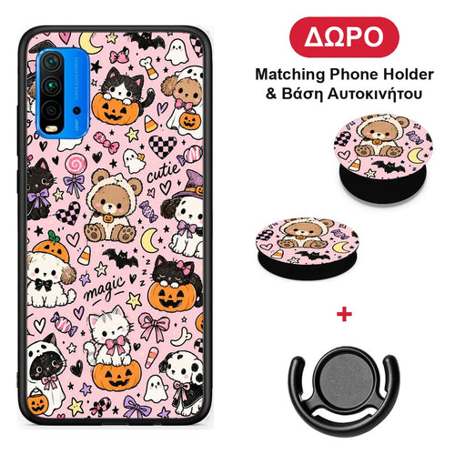 Halloween Cute Animals on Pink - Xiaomi Poco M3 θήκη + Δώρο Phone Holder & Βάση Αυτοκινήτου